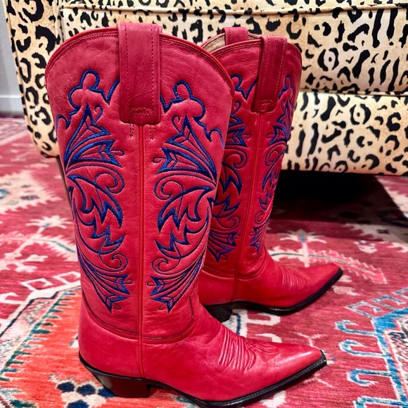 Red and Blue Embroidered Heeled Boots